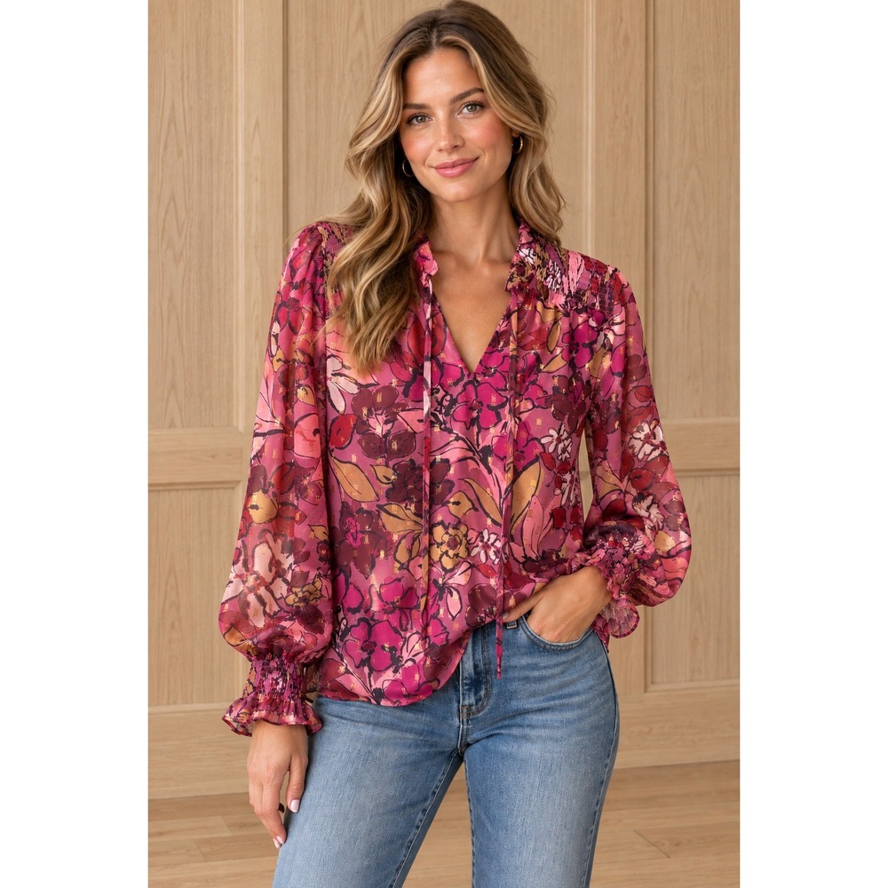 Fate Womens Floral Smocked Blouse Pink Burgundy Gold Metallic Lurex Small